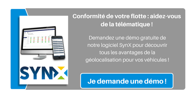 Conformité de votre flotte : aidez-vous de la télématique ! Demandez une démo gratuite de notre logiciel SynX pour découvrir tous les avantages de la géolocalisation pour vos véhicules !