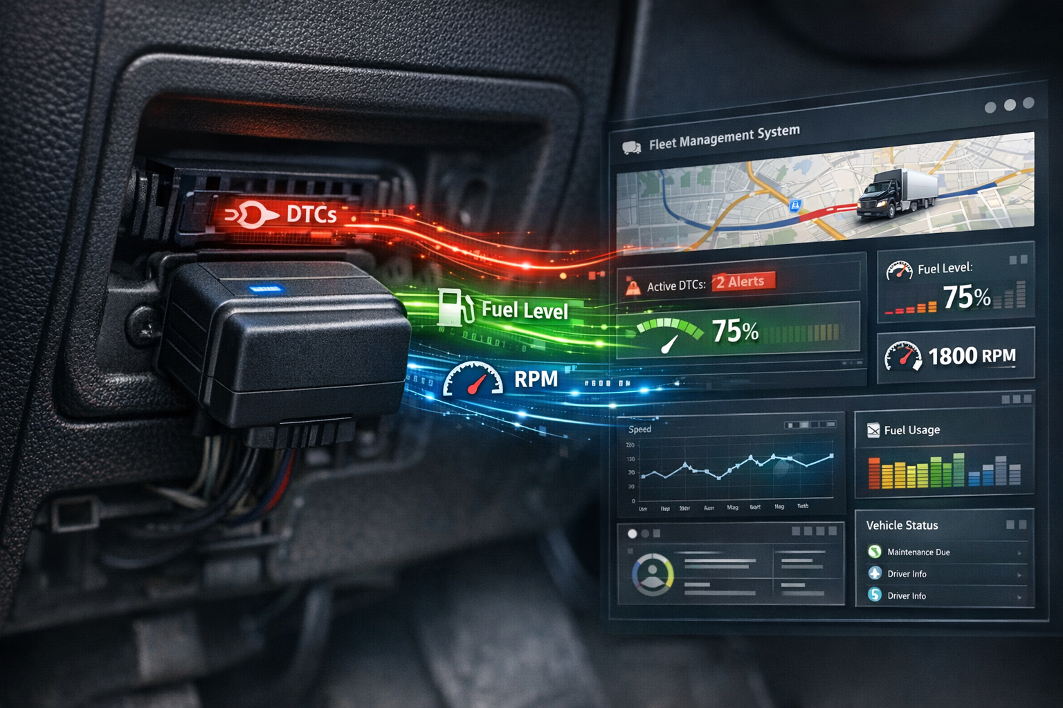 A detailed, industry-oriented close-up of a telematics dongle plugged into a commercial truck's OBD-II port, with a subtle digital overlay showing data streams