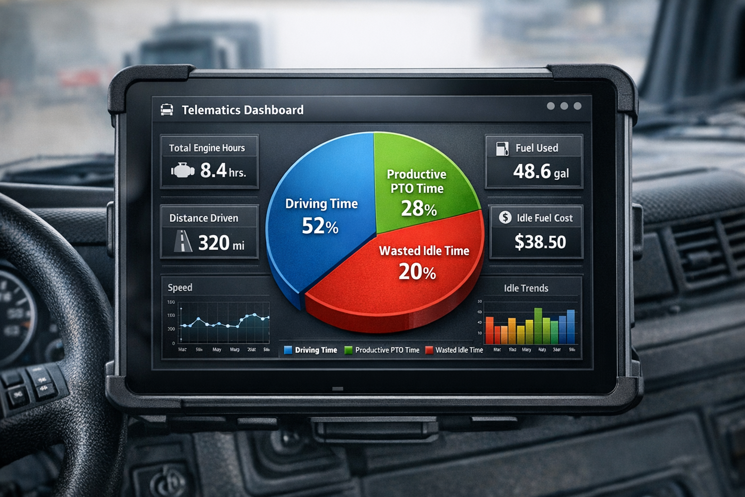 A detailed, industry-oriented telematics dashboard on a tablet, showing a pie chart that clearly separates 'Driving Time