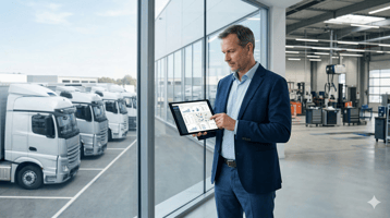 Detailed B2B style, modern corporate atmosphere. A fleet manager in smart-casual business attire analyzing a telematics dashboard on a tablet