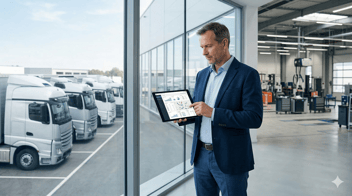 Detailed B2B style, modern corporate atmosphere. A fleet manager in smart-casual business attire analyzing a telematics dashboard on a tablet