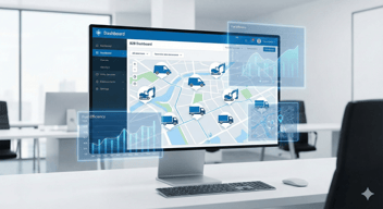 Interface de tableau de bord moderne affichant une carte interactive avec des icônes de véhicules utilitaires et d'équipements lourds de chantier