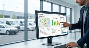 A modern, high-tech B2B dashboard displaying fleet telematics data and driver safety scores, with a slightly blurred background of sleek professional corporate vehicles parked neatly
