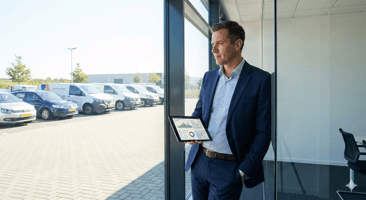 B2B style, a modern corporate fleet manager reviewing analytics on a digital tablet in a bright office