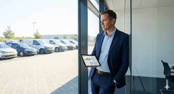 B2B style, a modern corporate fleet manager reviewing analytics on a digital tablet in a bright office