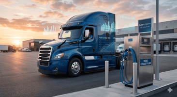  high-end, cinematic shot of a modern heavy-duty truck parked at a professional logistics hub during sunrise