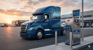  high-end, cinematic shot of a modern heavy-duty truck parked at a professional logistics hub during sunrise
