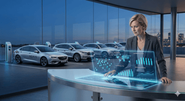 A high-quality, professional B2B photograph of a modern fleet manager analyzing data on a futuristic glowing dashboard