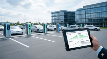 Vue en contre-plongée d'un parking d'entreprise moderne avec des bornes de recharge électrique alignées.