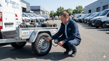 Un gestionnaire de flotte automobile en tenue profprofessionnelle inspectant une petite remorque utilitaire attelée à un fourgon d'entreprise, tenant un manomètre numérique de haute précision.