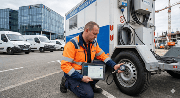 Un gestionnaire de flotte en gilet haute visibilité, équipé d'une tablette numérique