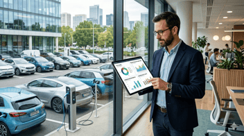 Un professionnel en tenue business décontractée, debout dans un bureau moderne et lumineux, analysant des tableaux de bord interactifs sur une grande tablette tactile.