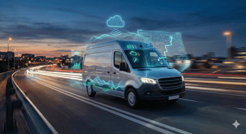 Photographie cinématographique dynamique d'un véhicule utilitaire moderne et élégant (type fourgonnette récente) en mouvement sur une route périphérique urbaine au crépuscule