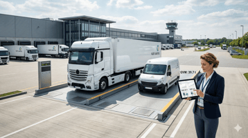A high-end, professional wide-angle shot of a modern logistics hub. In the foreground, a sleek white heavy-duty truck and a light commercial van are parked on a precision weighbridge