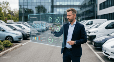 Un gestionnaire de parc automobile moderne en tenue business casual, analysant un tableau de bord numérique flottant avec des graphiques de TCO