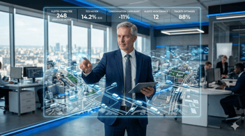 Un gestionnaire de flotte professionnel en costume cravate, analysant un tableau de bord numérique holographique affichant une carte avec des véhicules commerciaux