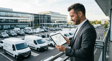 Un gestionnaire de flotte moderne en costume sans cravate, analysant des données sur une tablette lumineuse affichant une carte interactive avec des véhicules.
