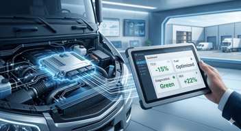 A modern, high-tech B2B illustration showing a glowing vehicle control module inside a commercial fleet truck