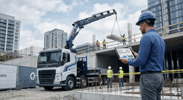  Un camion grue moderne de 10 tonnes en pleine opération sur un chantier urbain propre, vu sous un angle dynamique.