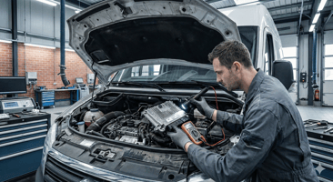 Gros plan sur les mains d'un technicien automobile inspectant un module de commande moteur (ECM) métallique sous le capot d'un véhicule utilitaire.