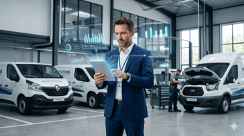Un gestionnaire de flotte en costume professionnel analysant des données sur une tablette lumineuse dans un garage moderne