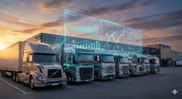 Vue en contre-plongée de plusieurs camions poids lourds modernes alignés dans un centre logistique à l'aube