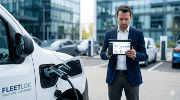  Gros plan sur un connecteur de recharge branché à un véhicule utilitaire électrique d'entreprise moderne.