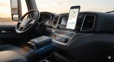 Photographie style "product shot" haut de gamme. Gros plan sur un boîtier télématique moderne, compact et noir mat, branché discrètement sur un port OBD sous le tableau de bord d'un véhicule utilitaire récent