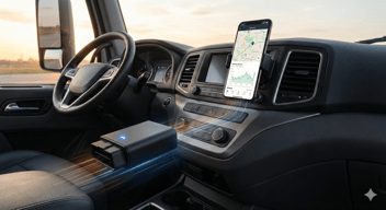 Photographie style "product shot" haut de gamme. Gros plan sur un boîtier télématique moderne, compact et noir mat, branché discrètement sur un port OBD sous le tableau de bord d'un véhicule utilitaire récent