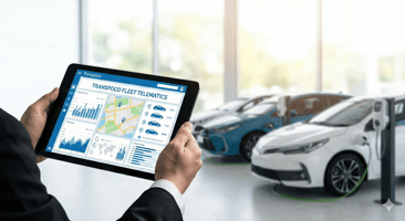  Un tableau de bord numérique moderne affichant des données de télématique de flotte sur un écran de tablette, avec en arrière-plan flouté un parking de véhicules d'entreprise