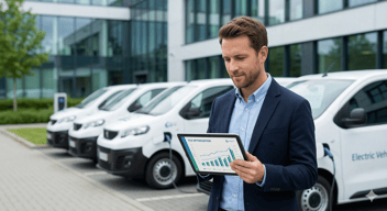  Un gestionnaire de flotte moderne examinant une tablette numérique avec un graphique de TCO devant un alignement de véhicules utilitaires légers (VUL) électriques