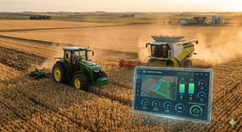 A high-tech, cinematic shot of a modern tractor and a combine harvester working in a vast golden wheat field at sunset