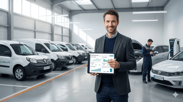 Un gestionnaire de flotte souriant en tenue de ville moderne, analysant un tableau de bord sur une tablette tactile dans un garage d'entreprise lumineux.