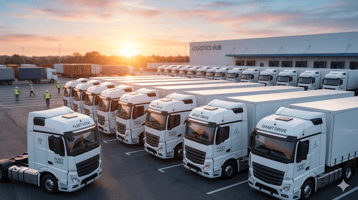 A high-end, cinematic shot of a modern fleet of heavy-duty trucks parked at a logistics hub during sunset