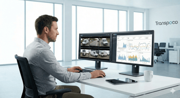 Un gestionnaire de flotte moderne dans un bureau lumineux, analysant un tableau de bord numérique sur double écran montrant des vidéos de véhicules commerciaux