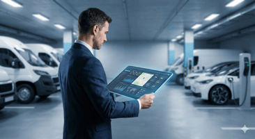 Un gestionnaire de flotte professionnel en costume sans veste, analysant un tableau de bord numérique interactif sur une grande tablette lumineuse