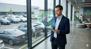Un gestionnaire de flotte en costume sans cravate analysant un tableau de bord holographique projeté depuis une tablette
