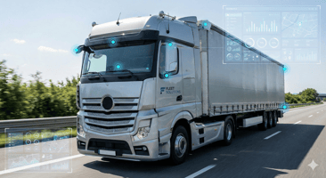 Vue de face et de côté d'un camion poids lourd moderne sur une autoroute par temps clair