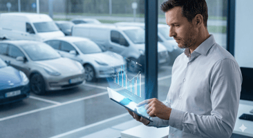 Photographie de haute qualité, style B2B corporate. Un gestionnaire de flotte professionnel en chemise claire analysant des données sur une tablette numérique lumineuse avec un graphique en surimpression holographique