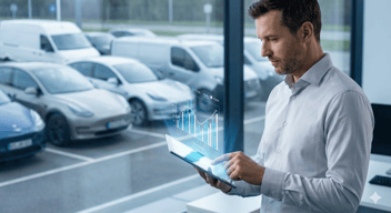 Photographie de haute qualité, style B2B corporate. Un gestionnaire de flotte professionnel en chemise claire analysant des données sur une tablette numérique lumineuse avec un graphique en surimpression holographique