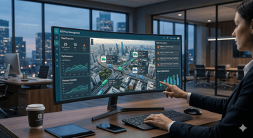 A sleek, modern B2B fleet management dashboard displayed on a high-tech monitor in a corporate office, showing real-time GPS tracking of company vehicles