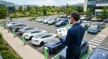 Vue en plongée d'un parking d'entreprise moderne avec des véhicules électriques branchés sur des bornes.