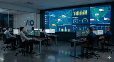 A modern, high-tech fleet management control room with telematics dashboards displaying commercial trucks and utility vehicles.