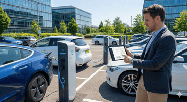 Photographie réaliste et lumineuse d'un parking d'entreprise moderne accueillant des véhicules légers hybrides et électriques branchés sur des bornes de recharge
