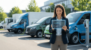 Photographie réaliste et lumineuse d'un gestionnaire de flotte moderne femme en tenue business casual analysant des données sur une tablette tactile lumineuse. En arrière-plan flouté, on aperçoit une rangée de véhicules utilitaires et commerciaux électriques branchés à des bornes de recharge dans le parking d'une entreprise.