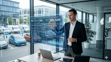 Un gestionnaire de flotte en costume sans cravate, analysant un tableau de bord numérique holographique interactif