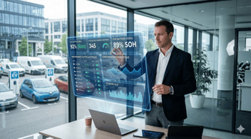 Un gestionnaire de flotte en costume sans cravate, analysant un tableau de bord numérique holographique interactif