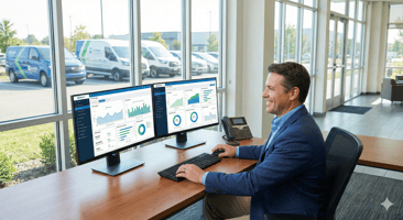 Interface moderne et épurée d'un tableau de bord de gestion de flotte automobile affichée sur un double écran d'ordinateur.