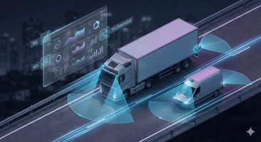 Vue en 3D isométrique d'un poids lourd et d'un véhicule utilitaire léger modernes