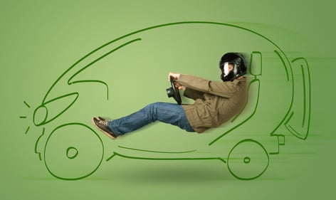 Man drives an eco friendy electric hand drawn car concept